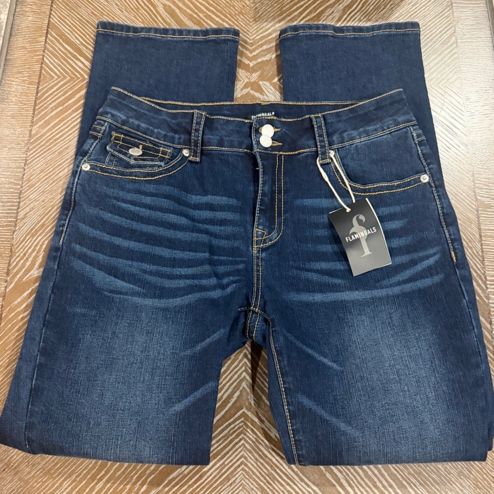 Flamingals Womens Dark Wash Straight Leg Stretch Jeans Double Button Size L